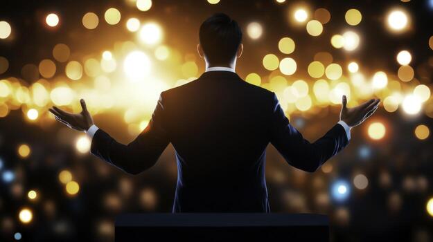 Confident Speaker Delivering Speech to Audience with Bright Bokeh Background photo