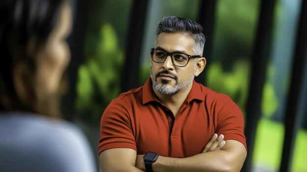 Man in Red Shirt with Glasses Engaged in Conversation in Modern Indoor Setting photo