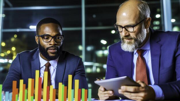 Business Collaboration Between Two Professionals Analyzing Data and Charts at Night photo