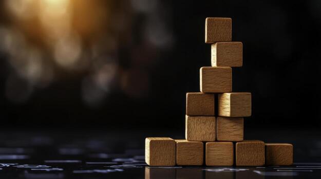 Wooden Blocks Stacked in a Pyramid Shape on Reflective Surface with Bokeh Background photo
