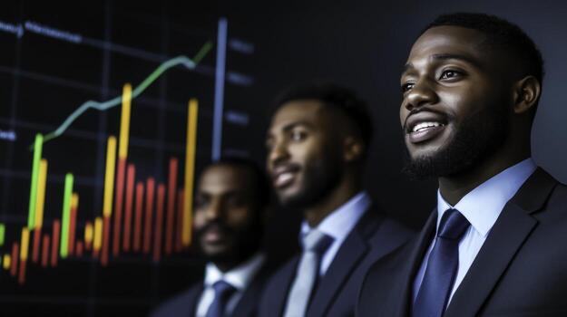 Professional Business Team Analyzing Financial Growth Trends on a Digital Screen photo