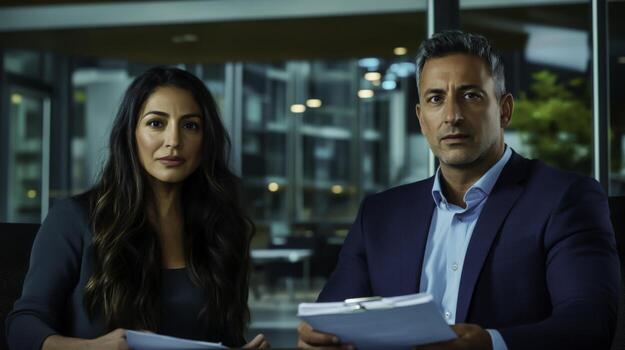 Professional business team meeting with documents in modern office setting photo