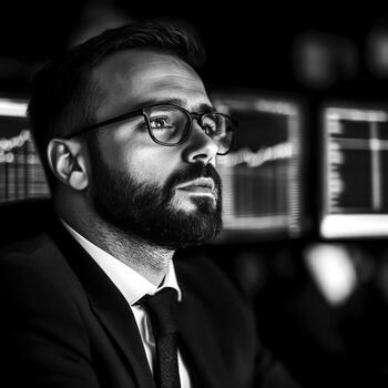 Focused Man in Glasses Analyzing Data on Computer Screen in Dark Environment photo