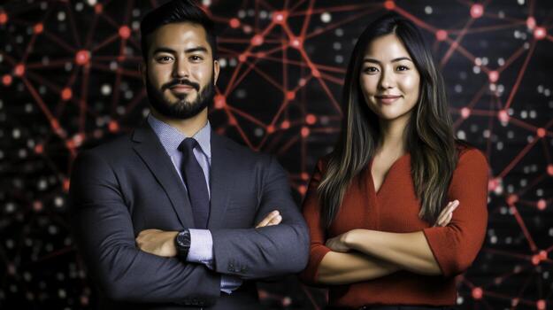 Professional Business Team Against Modern Abstract Background with Network Design photo