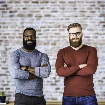 Diverse men with beards and glasses smiling confidently in modern indoor setting photo