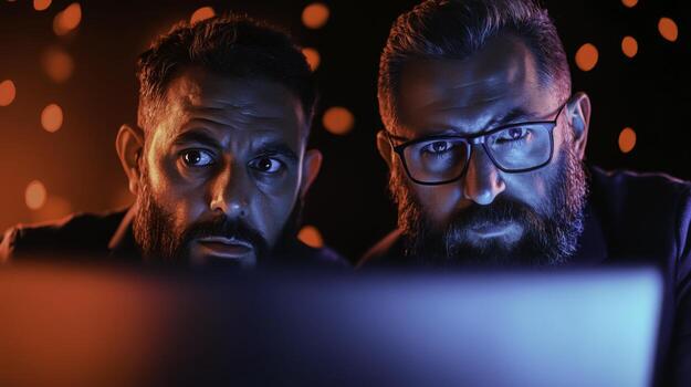 Two men focused on computer screen surrounded by vibrant colorful lights photo