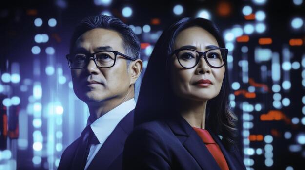 Professional Business Team in Front of Digital Data Background with Technology Elements photo