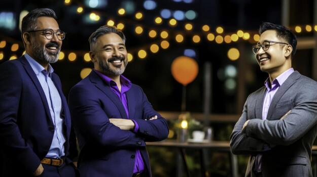 Business Professionals Networking in Stylish Evening Setting with Warm Lights photo