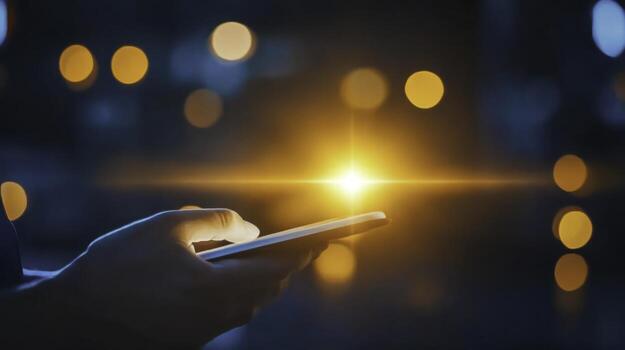 Hand Holding Smartphone with Bright Light and Bokeh Background at Night photo