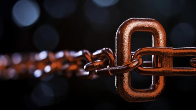 closeup of Red Metallic Chain Links with Bright Bokeh Background for Security and Protection Themes photo