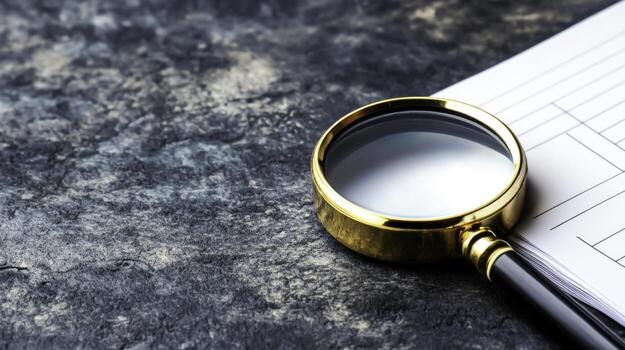 Magnifying Glass on Desk with Paper and Textured Background for Examination and Investigation photo