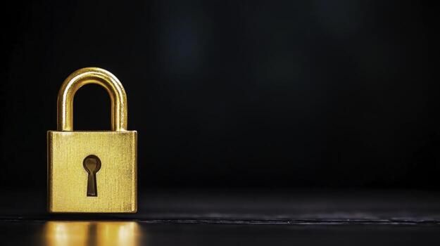 Golden padlock on dark background symbolizing security, protection, and privacy for various uses photo