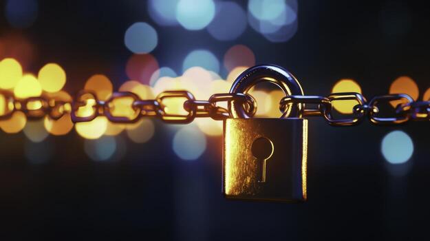 Close Up of a Shiny Padlock on Link Chain with Colorful Bokeh Lights in the Background at Night photo