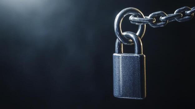closeup of Steel Padlock Hanging from a Chain Against a Dark Background with a Soft Blue Glow photo
