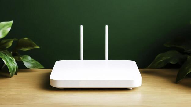 moderno blanco Wifi enrutador en de madera mesa rodeado por verde hojas en contra oscuro antecedentes foto
