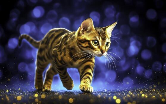 juguetón Bengala gato caminando en reluciente superficie con brillante azul antecedentes y espumoso luces foto