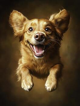 Happy Golden Dog Leaping in Joy Against Artistic Background with Soft Focus and Warm Colors photo