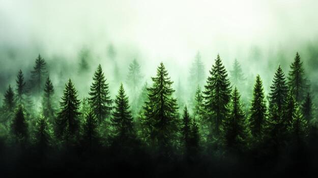 Lush Green Forest with Misty Background, Majestic Trees Emerging from Dense Fog, Nature Serenity photo