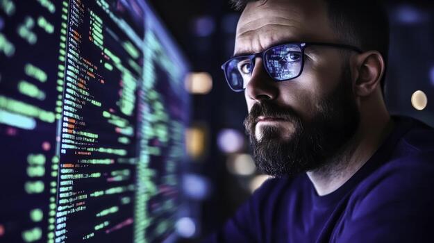 Focused man with glasses working on computer screen displaying colorful code at night photo