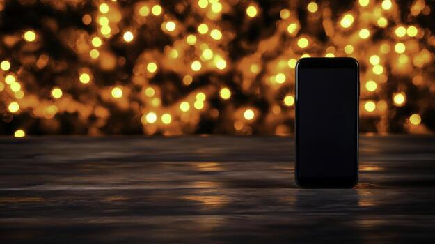 Smartphone on Table with Blurry Orange Bokeh Background Representing Digital Technology Usage photo