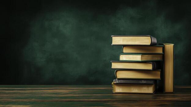 Stack of Vintage Books on Wooden Table with Dark Green Background and Soft Lighting Effects photo