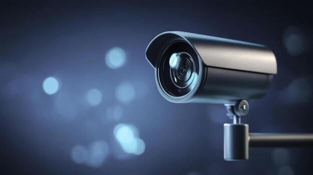 High-Definition Security Surveillance Camera with Modern Design and Blue Background Bokeh Effect photo