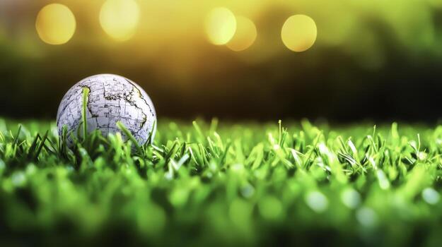 Small Globe on Fresh Green Grass with Soft Bokeh Background and Warm Light in Nature photo