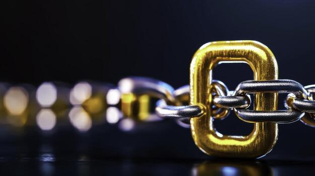 closeup View of Interlinked Metallic Chains with Golden and Silver Links Against Dark Background photo