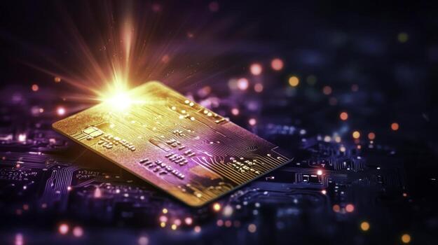 Vibrant Digital Circuit Board with Glowing Credit Card in Abstract Background of Lights photo
