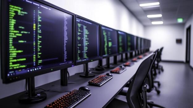 Modern Computer Workstation with Multiple Monitors Displaying Code in a High-Tech Environment photo