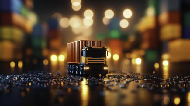 Miniature Truck with Container on Table Surrounded by Colorful Blocks and Warm Lights at Night photo