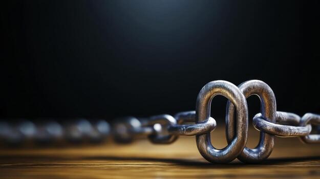 closeup View of Interlocking Metal Chain Links on Wooden Surface with Dark Background photo