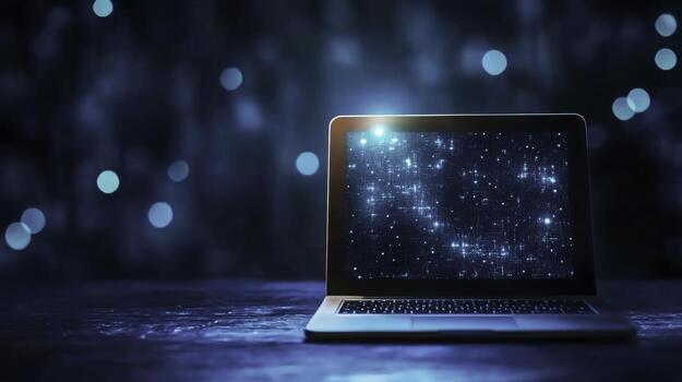 Modern Laptop with Abstract Digital Background and Bright Light Glow in a Dark Environment photo