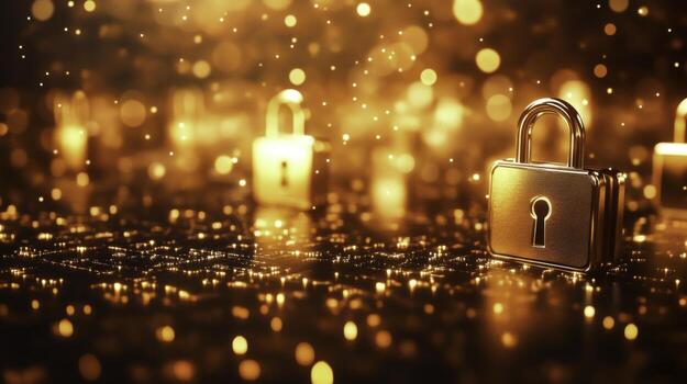 Glowing Golden Locks with Bokeh Effect on Dark Surface for Security Concept and Protection Theme photo
