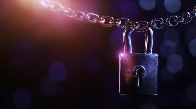 Metallic Lock and Chain with Colorful Bokeh Background for Conceptual Security Illustration photo