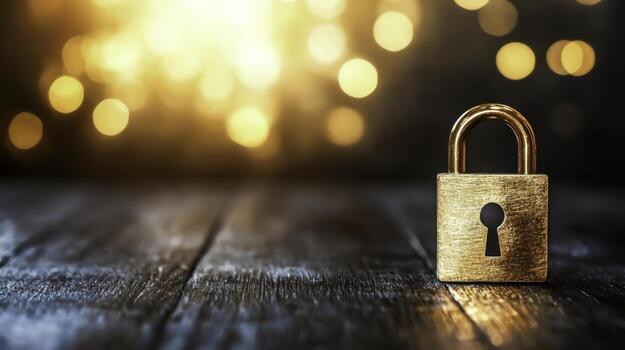 Golden Padlock on Wooden Table with Bokeh Background for Security and Privacy Concepts photo