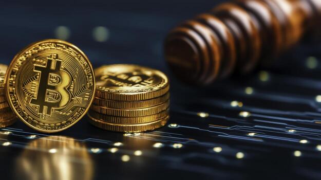 Golden Bitcoin Coins with Wooden Gavel on Circuit Board Background Symbolizing Cryptocurrency Law photo
