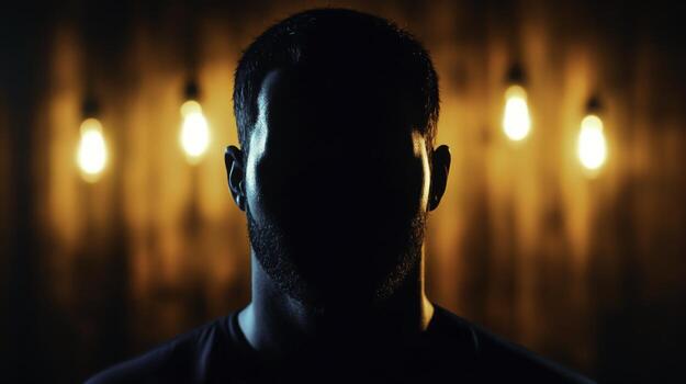 Silhouette of a Man Against Warm Light Bulbs in a Dimly Lit Rustic Environment photo