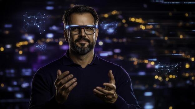 Professional Man with Glasses Presenting Digital Connections in a Futuristic Environment photo