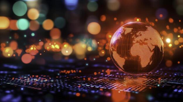 Red illuminated globe on digital background with colorful bokeh lights in a global concept photo