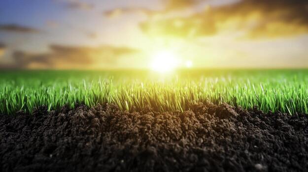 Fresh Green Grass with Soil Layer and Bright Sunrise in Background Over Beautiful Landscape photo