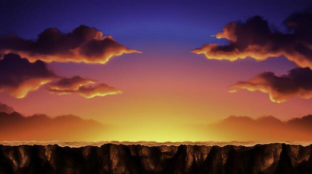 Vibrant Sunset Sky Over Rocky Horizon With Colorful Clouds and Soft Gradient Nightfall photo