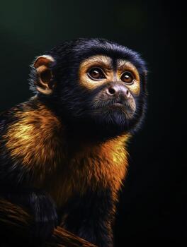 Captivating Portrait of a Curious Monkey with Striking Orange and Black Fur photo
