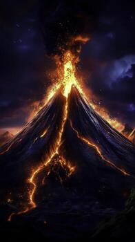 Erupting Volcano with Lava Flow and Dark Clouds Under a Night Sky Filled with Stars photo