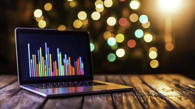Colorful Data Visualization on Laptop in Front of Beautiful Bokeh Christmas Lights Background photo
