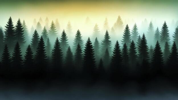 Serene Forest Landscape at Dawn with Mist and Evergreen Trees Under Soft Gradient Sky photo