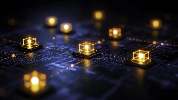 Glowing Digital Blocks on Circuit Board Representing Technology and Innovation in the Future photo
