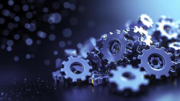 closeup View of Metallic Gears with Bokeh Effect and Blue Lighting in Industrial Setting photo