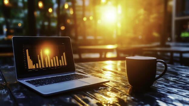 Sunlit Workspace with Laptop Displaying Graphs and Coffee Mug on Wooden Table at Sunset photo
