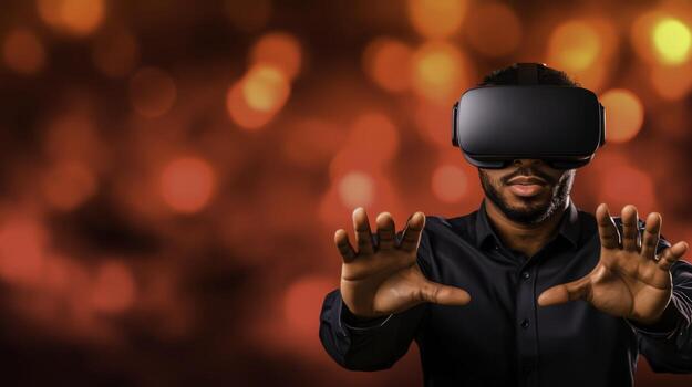 Man Engaged in Virtual Reality Experience with Headset and High-Tech Background Lighting Effects photo